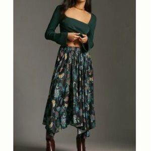 Anthropologie Black Floral High-Low Skirt